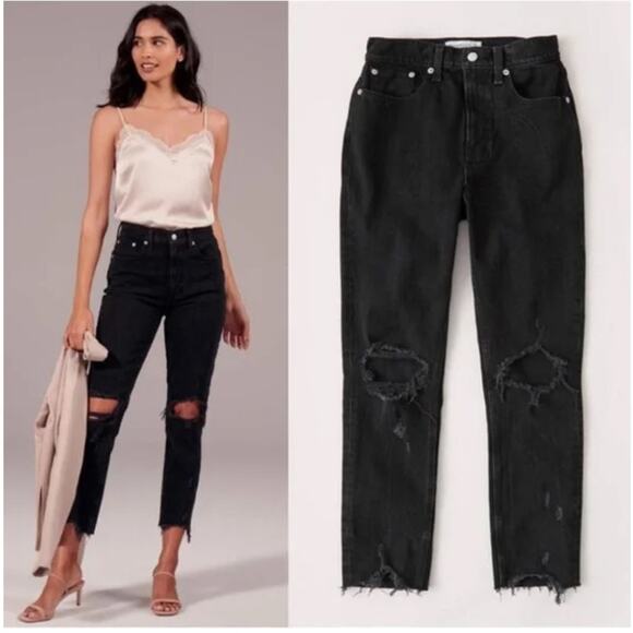 Abercrombie & Fitch Denim - ABERCROMBIE & FITCH High Rise Mom Jean faded black destroyed distressed Size 28